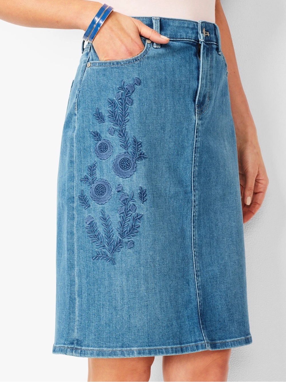 Talbots Skirt Blue Embroidered Denim Jean